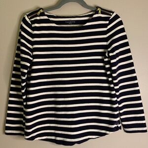 Talbots T-Shirt Women's Petite Small Blue Striped 3/4 Sleeve Nautical Zippers